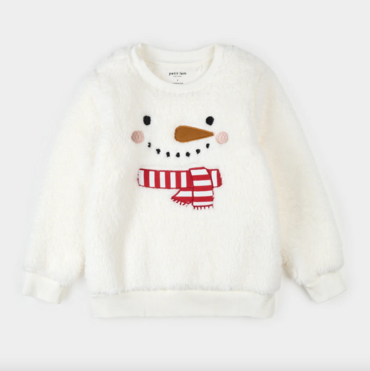 Snowman Embroidery on Off-White Sherpa Sweatshirt
