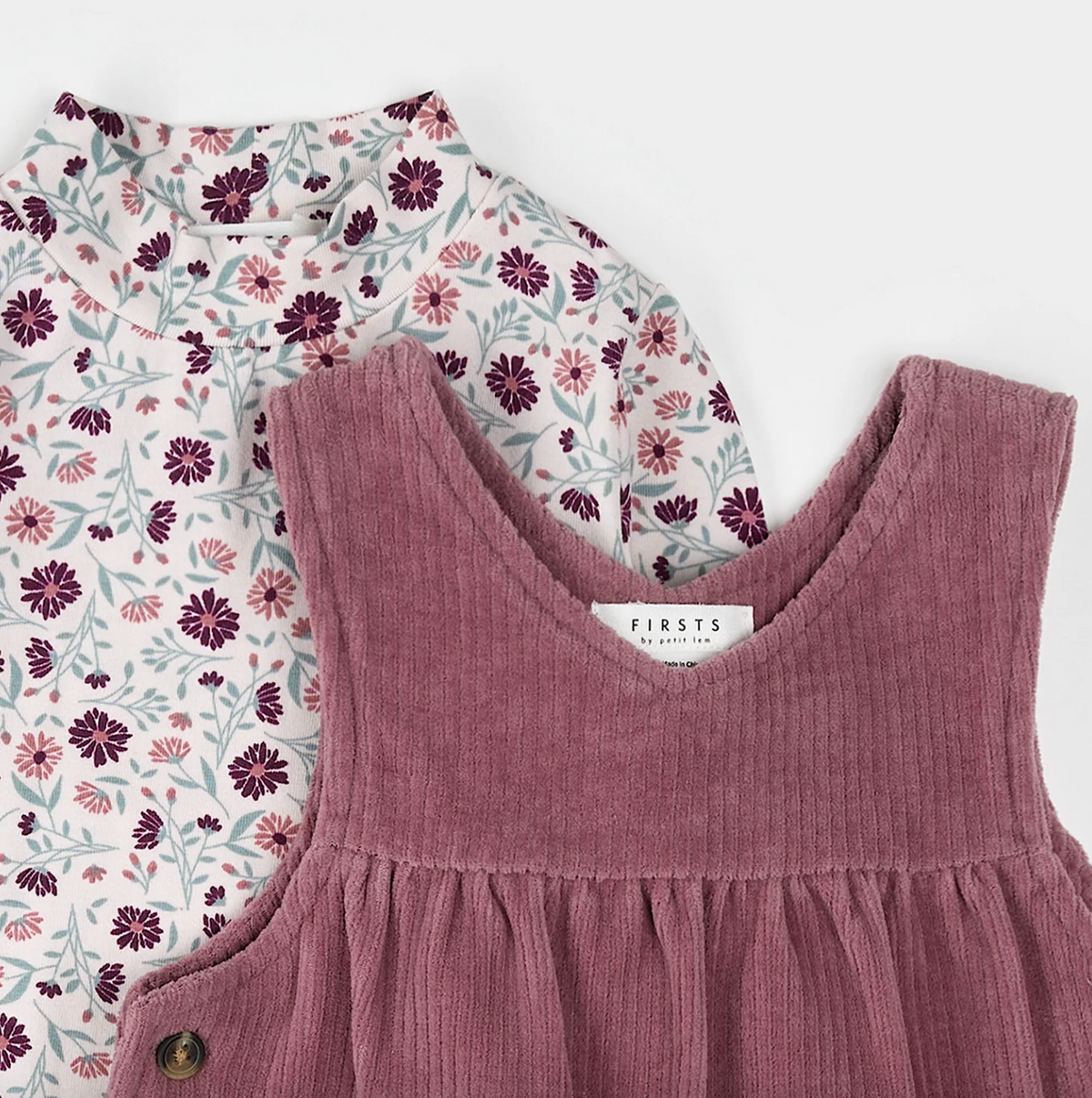 Floral Print on Corduroy Overall Dress Set