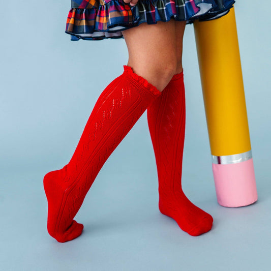 Bright Red Fancy Lace Top Knee High Socks
